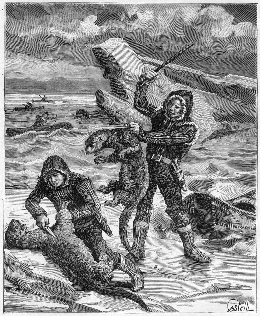 Łowca wydr na Alasce - łowca wydr z Alaski w 1888 r. - Grawerowanie w „” Journal des Voyages””” 1888 autorstwa French School