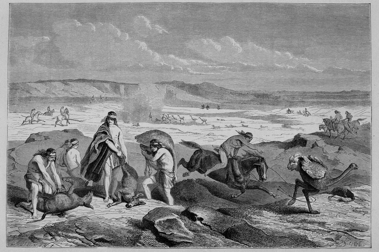 Polowanie na guanako (dziki lama) i nandou (lub patagoński struś) w Argentynie - w „Tour du Monde”, 2. tydzień 1861 autorstwa French School