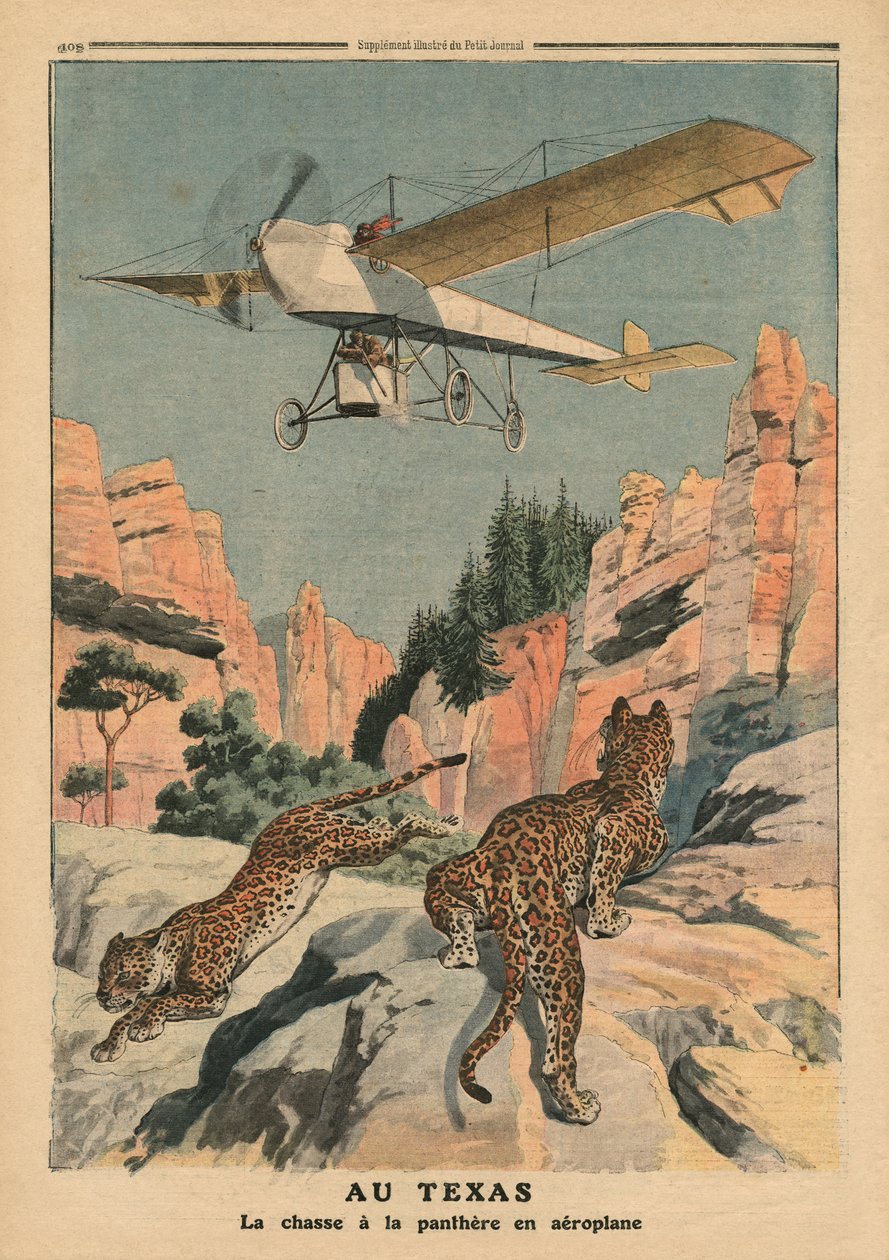 Polowanie na pantery z samolotu w Teksasie, ilustracja z „Le Petit Journal”, dodatek ilustr., 17 grudnia 1911 autorstwa French School