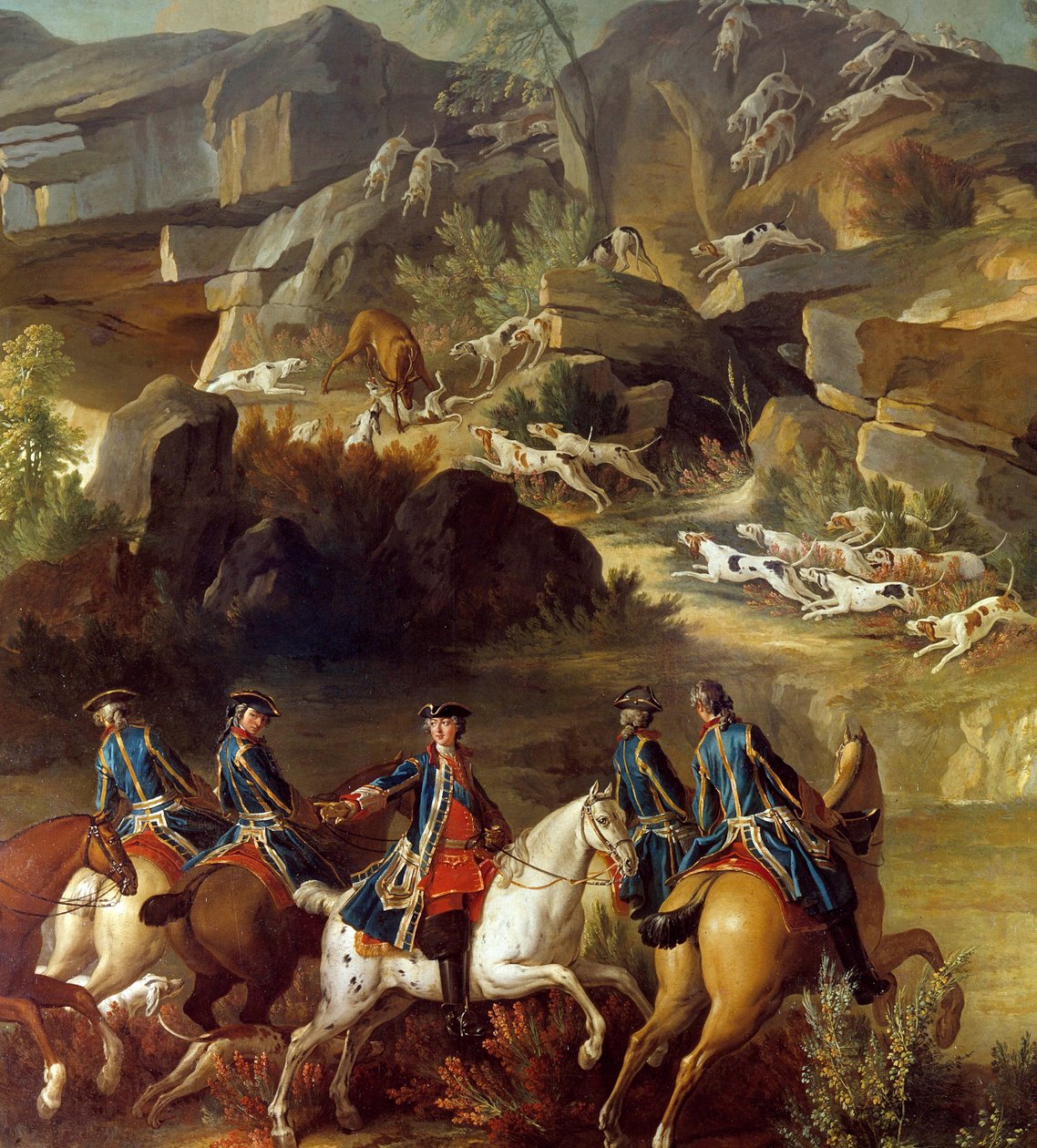 Uruchomiona scena polowania. Jeźdźcy zmierzają w stronę łani porwanej przez psy. Fragment anonimowego obrazu z XVIII wieku. Gien, Muzeum Łowiectwa autorstwa French School