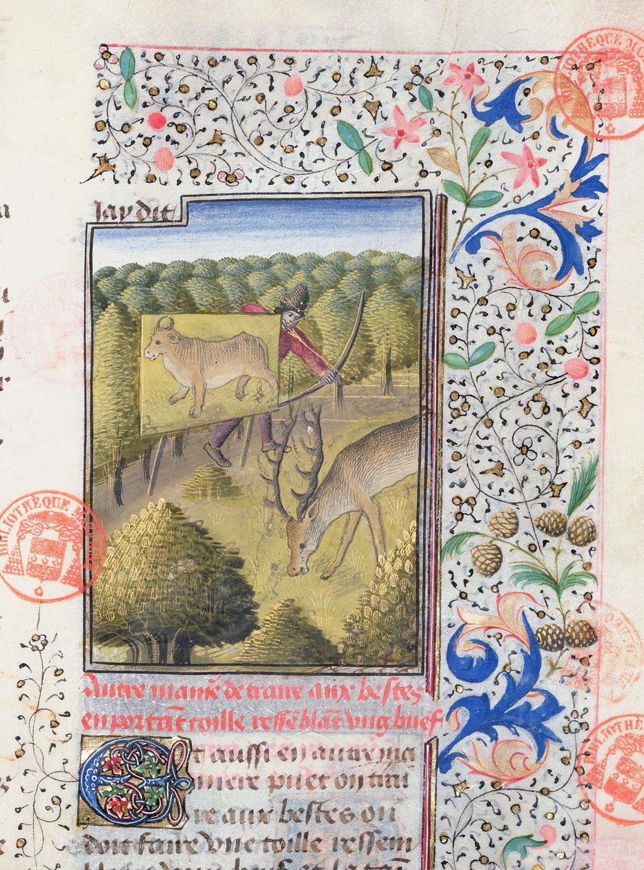 Łowca ukrywający się za wabikiem podczas polowania na jelenia, z Livre de la Chasse Gastona Phebusa de Foix (1331-91) autorstwa French School