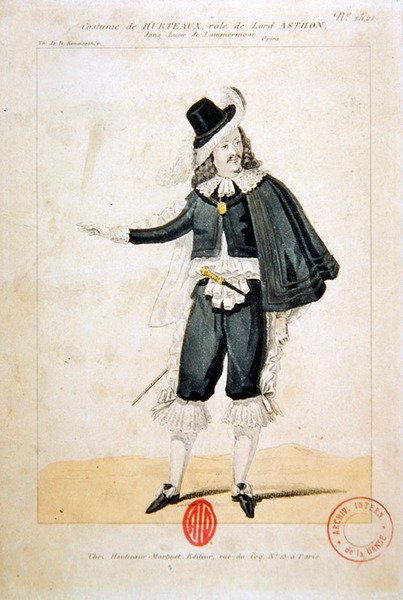 Hurteaux w roli Lorda Enrico Ashtona w operze Lucie de Lammermoor Gaetano Donizettiego (1797-1848) (kolorystyka) autorstwa French School