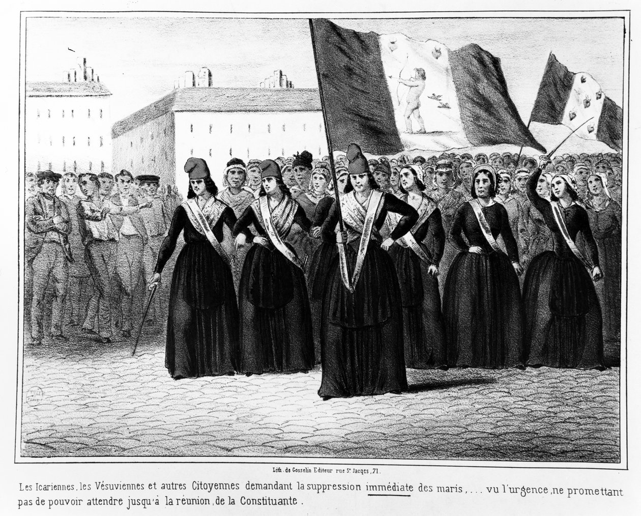 Ikarianie i Wezuwianie domagający się natychmiastowego stłumienia mężów, z serii karykatur o wydarzeniach podczas rewolucji francuskiej 1848, opublikowanych w Paryżu przez Gosselina, 1848 autorstwa French School