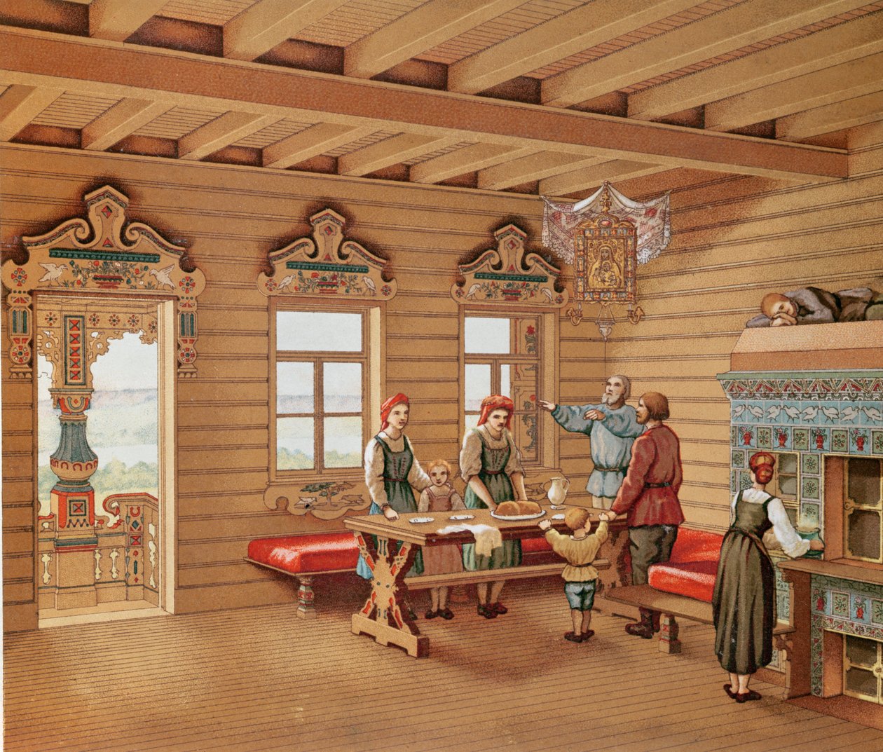 Wyidealizowane wnętrze izby rosyjskiej, ok.1880 r. (kolorystyka) autorstwa French School