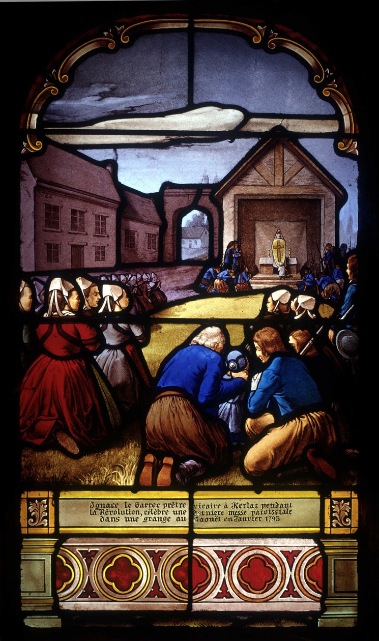 Ignace Le Garrec, wikariusz w Kerlaz podczas rewolucji, odprawia ostatnią mszę parafialną w stodole w Caouët, styczeń 1793 - witraż kościoła St Germain w Kerlaz autorstwa French School