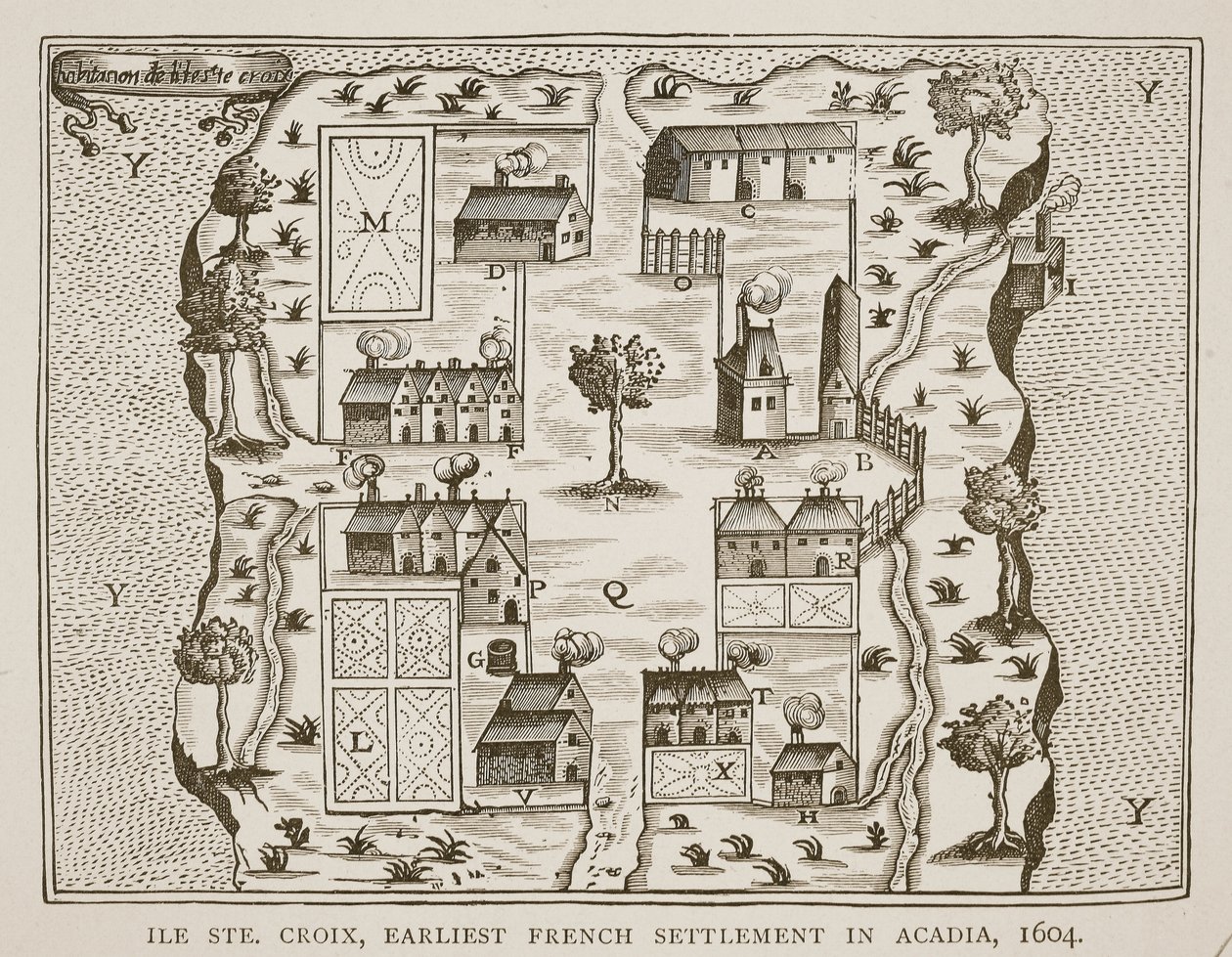 Ile Ste. Croix, najwcześniejsza francuska osada w Acadia, 1604 z Podróży Samuela de Champlaina (ok. 1580-1635), 1613 autorstwa French School