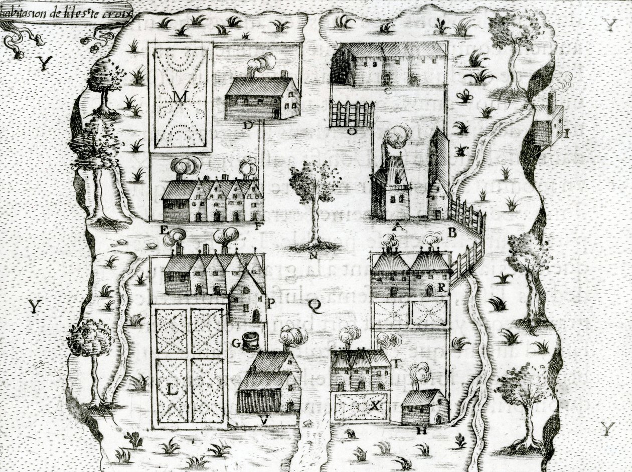 Ile Ste. Croix, najwcześniejsza francuska osada w Acadia, 1604 z Podróży Samuela de Champlaina (ok. 1580-1635), 1613 autorstwa French School