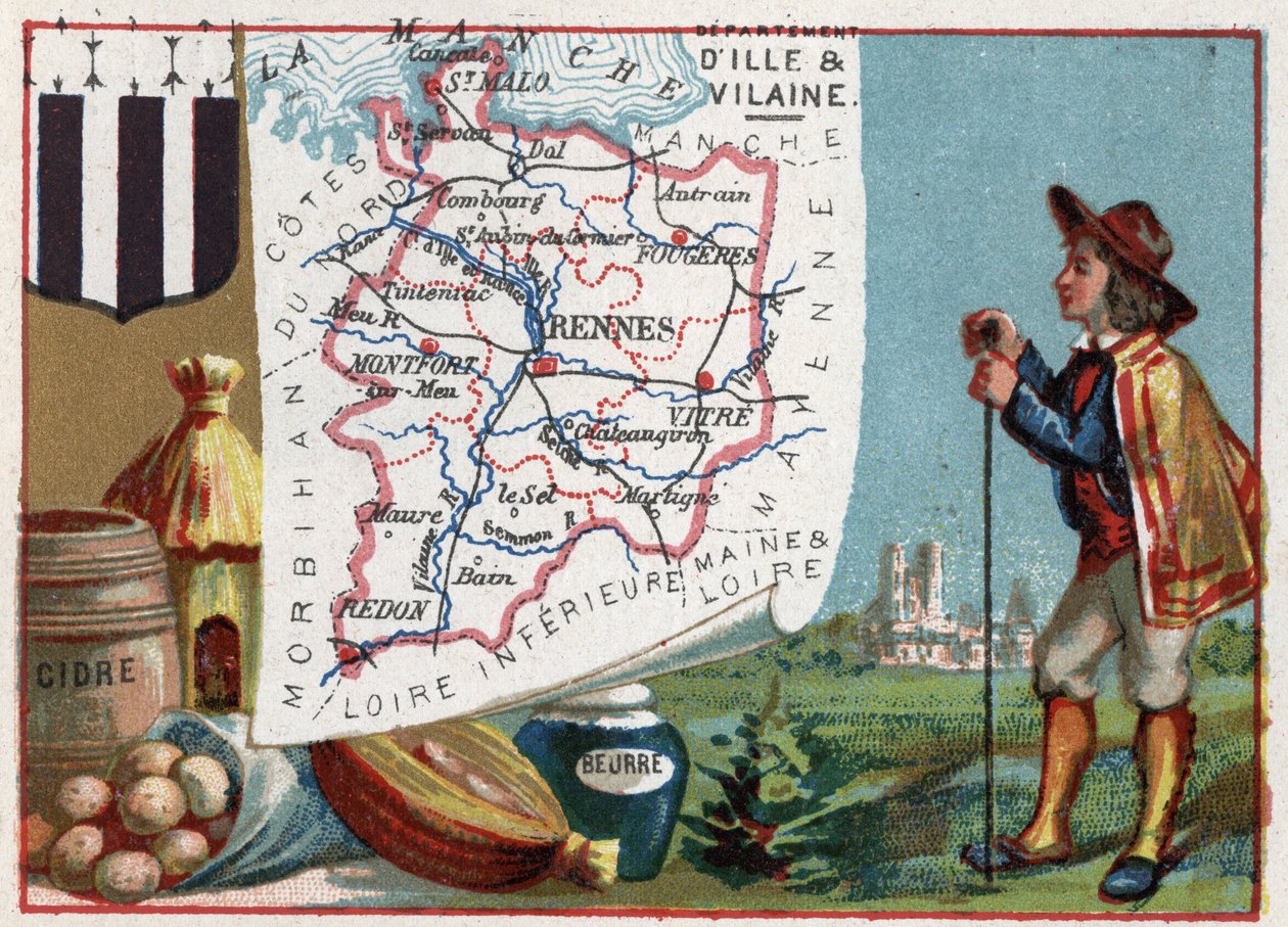 Ille-et-Vilaine (Ille et Vilaine, 35), Bretania, Francja. Cydr i Masło. Seria o francuskich departamentach. Chromolitografia (Chromo) „”nić geograficzna””, ok. 1920 r. Ze zbiorów prywatnych. autorstwa French School