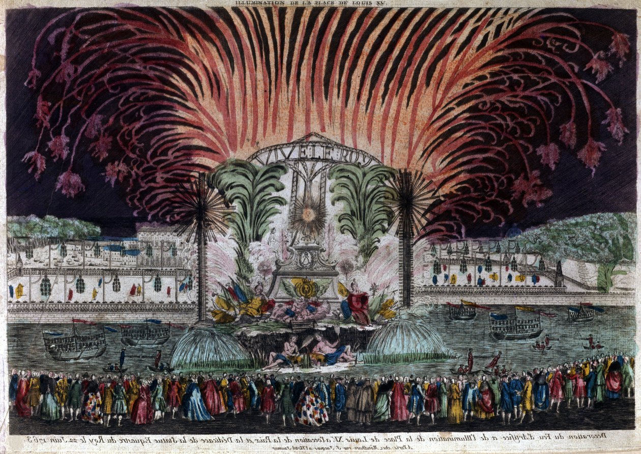 Iluminacja i fajerwerki na Placu Ludwika XV w Paryżu z okazji pokoju i inauguracji konnego pomnika króla 22 czerwca 1763 r. Privee Collection autorstwa French School