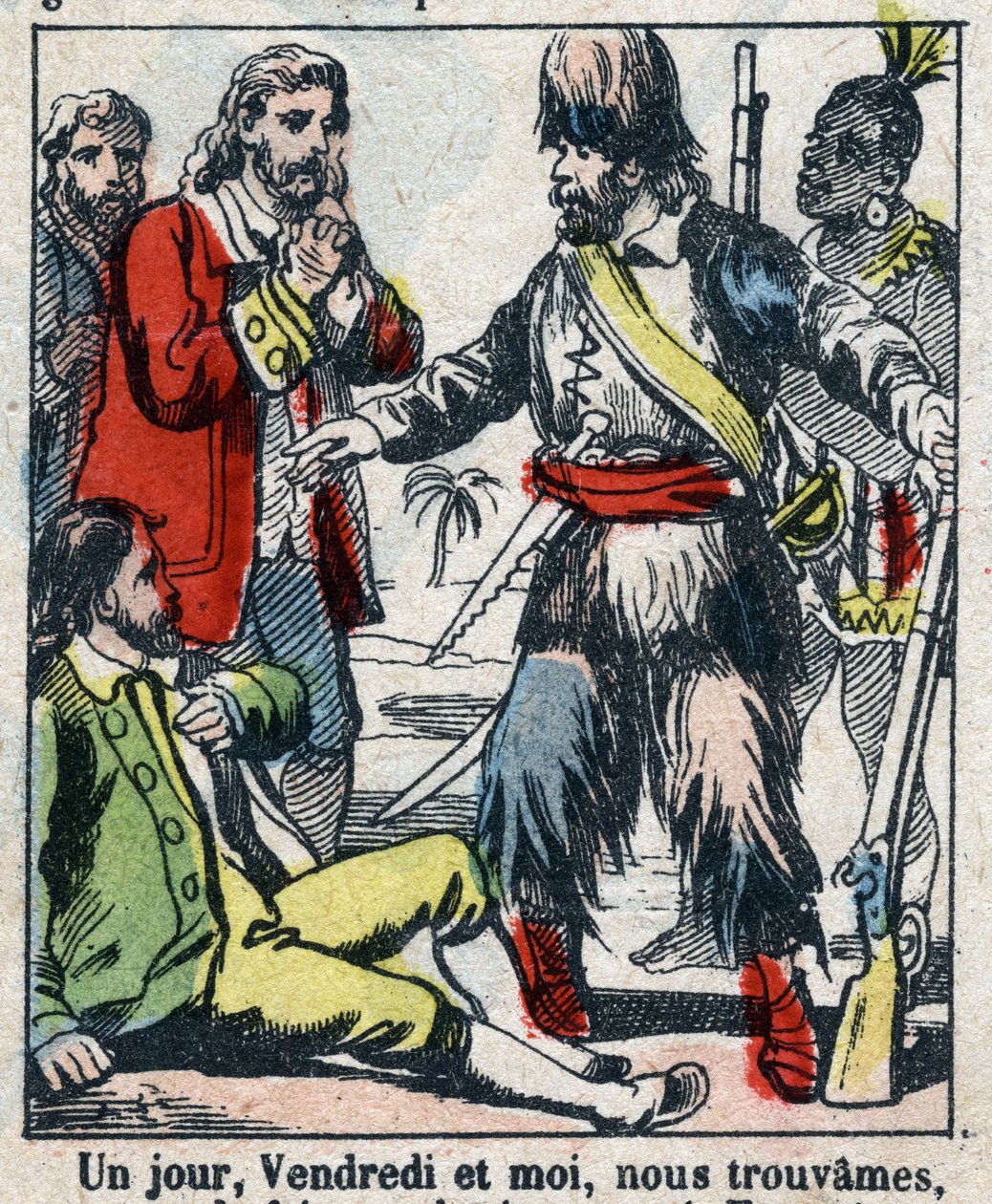 Ilustracja do Księgi Daniela Defoe (De foe) „”Robinson Crusoe””. Obrazowanie epinal z końca XIX wieku. autorstwa French School