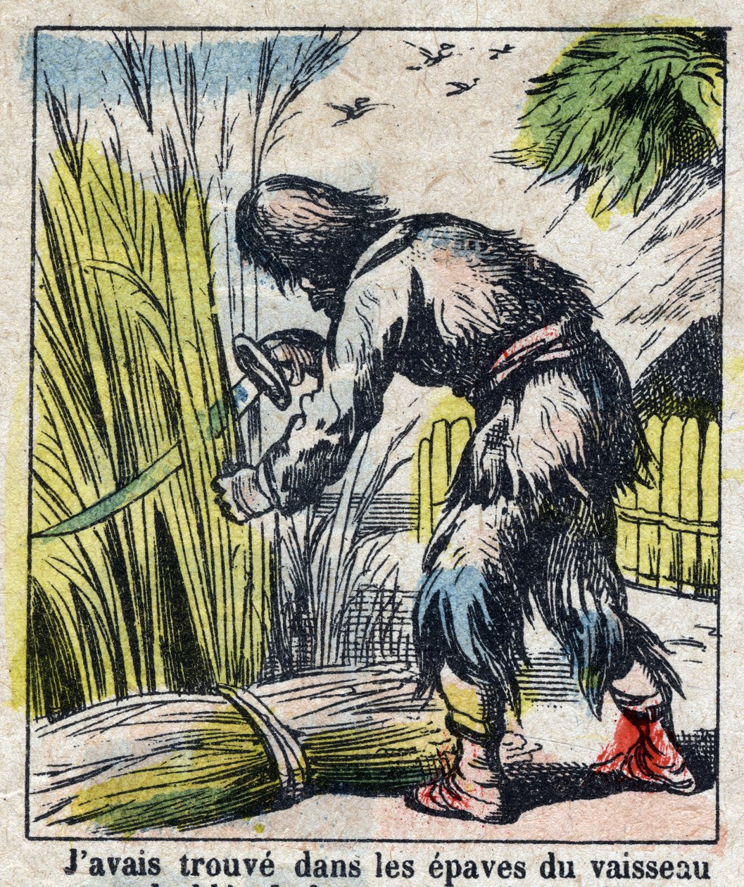 Ilustracja do Księgi Daniela Defoe (De foe) „”Robinson Crusoe””. Obrazowanie epinal z końca XIX wieku. autorstwa French School