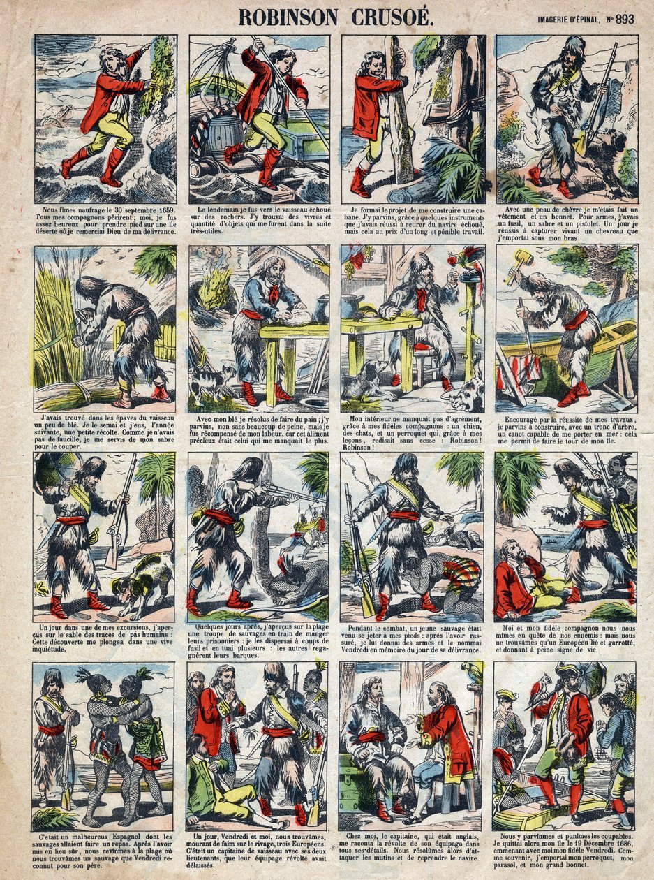 Ilustracja do Księgi Daniela Defoe (De foe) „”Robinson Crusoe””. Obrazowanie epinal z końca XIX wieku. autorstwa French School