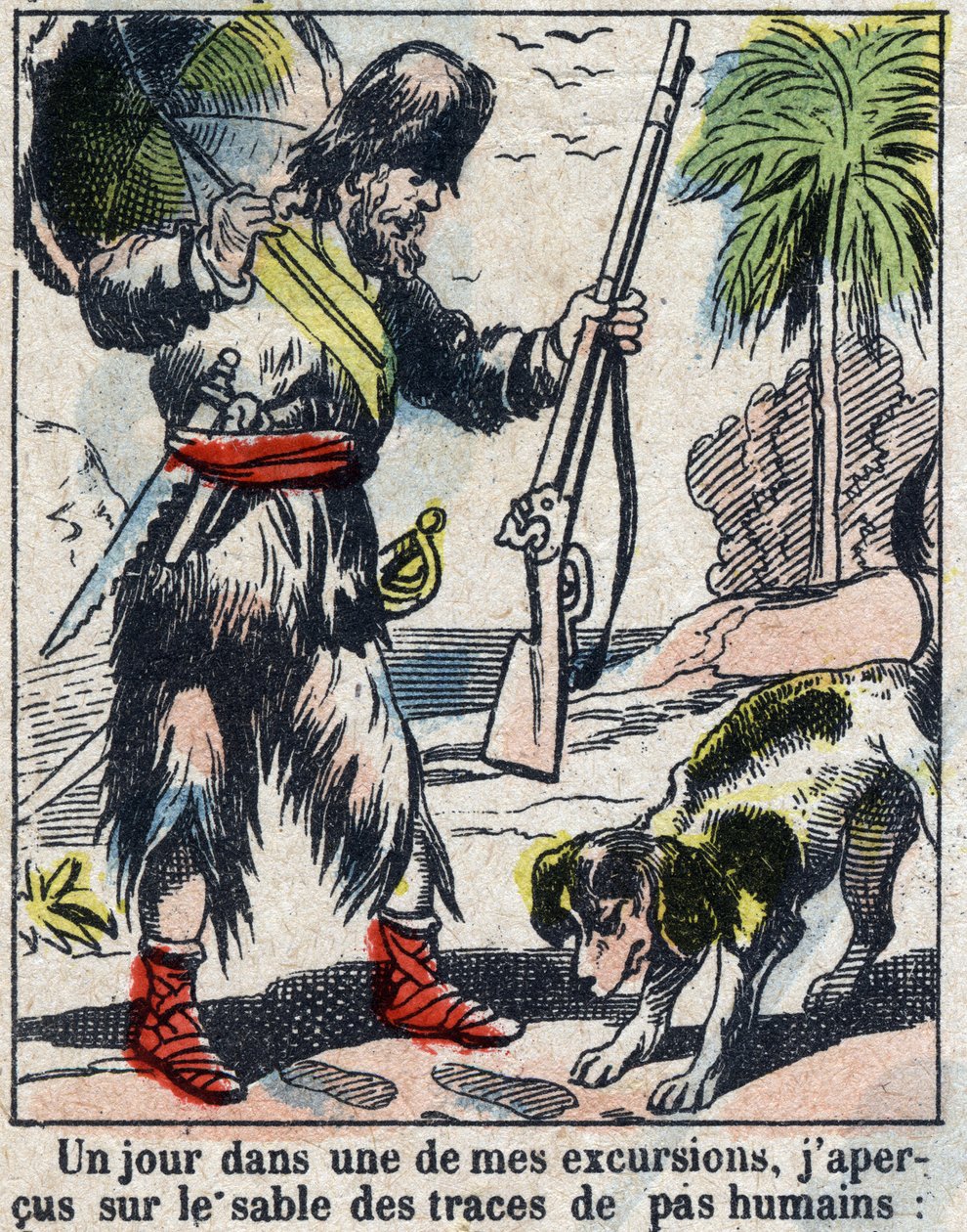 Ilustracja do Księgi Daniela Defoe (De foe) „”Robinson Crusoe””. Obrazowanie epinal z końca XIX wieku. autorstwa French School