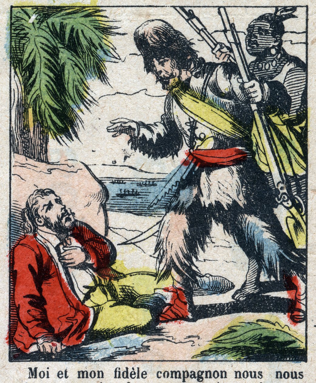 Ilustracja do Księgi Daniela Defoe (De foe) „”Robinson Crusoe””. Obrazowanie epinal z końca XIX wieku. autorstwa French School