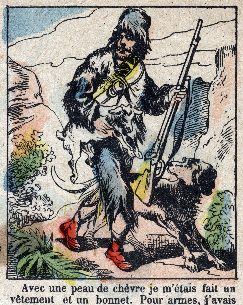 Ilustracja do Księgi Daniela Defoe (De foe) „”Robinson Crusoe””. Obrazowanie epinal z końca XIX wieku. autorstwa French School