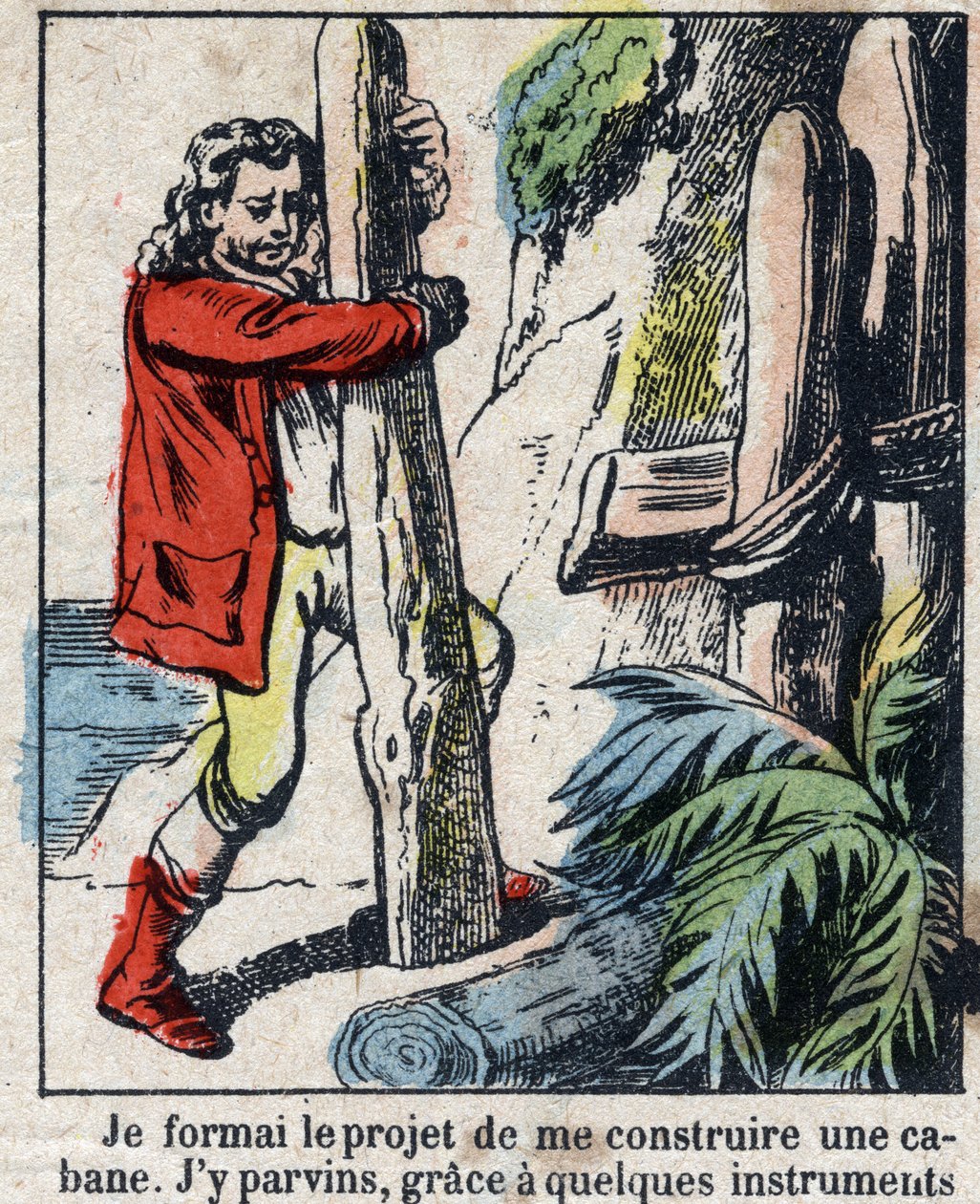 Ilustracja do Księgi Daniela Defoe (De foe) „”Robinson Crusoe””. Obrazowanie epinal z końca XIX wieku. autorstwa French School