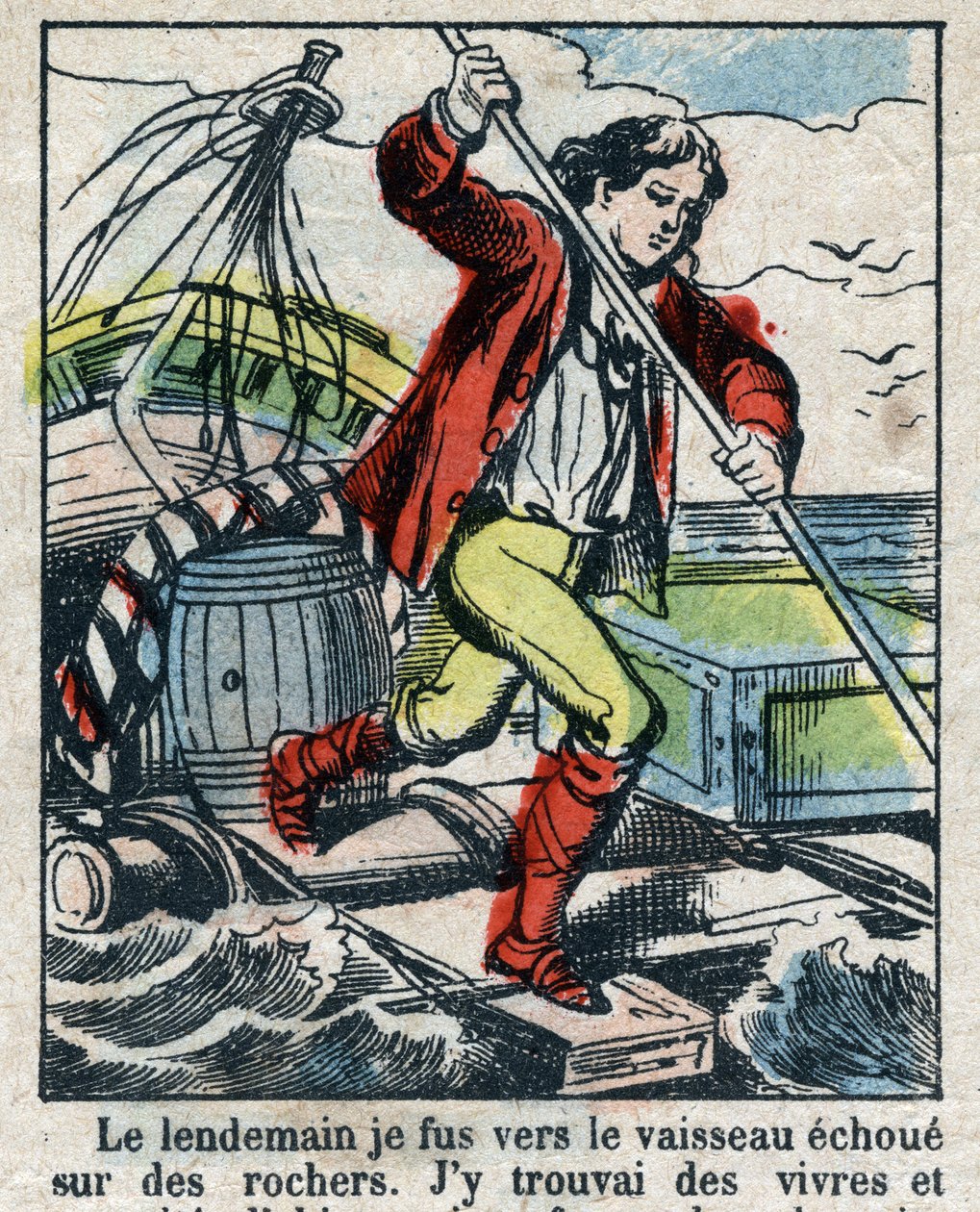 Ilustracja do Księgi Daniela Defoe (De foe) „”Robinson Crusoe””. Obrazowanie epinal z końca XIX wieku. autorstwa French School