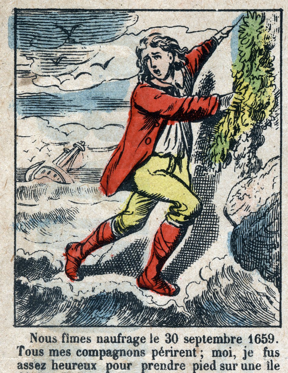 Ilustracja do Księgi Daniela Defoe (De foe) „”Robinson Crusoe””. Obrazowanie epinal z końca XIX wieku. autorstwa French School