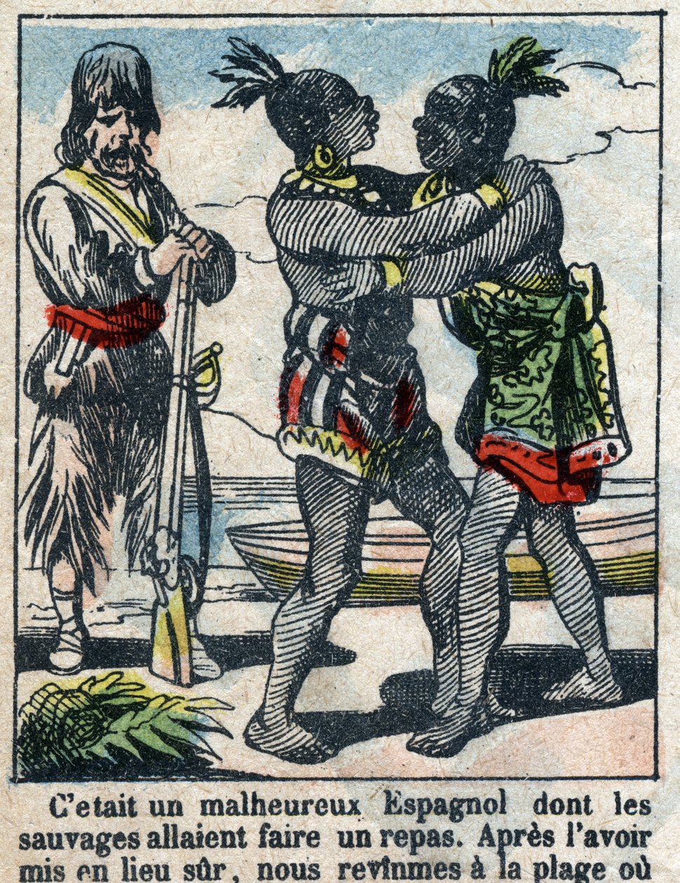 Ilustracja do Księgi Daniela Defoe (De foe) „”Robinson Crusoe””. Obrazowanie epinal z końca XIX wieku. autorstwa French School