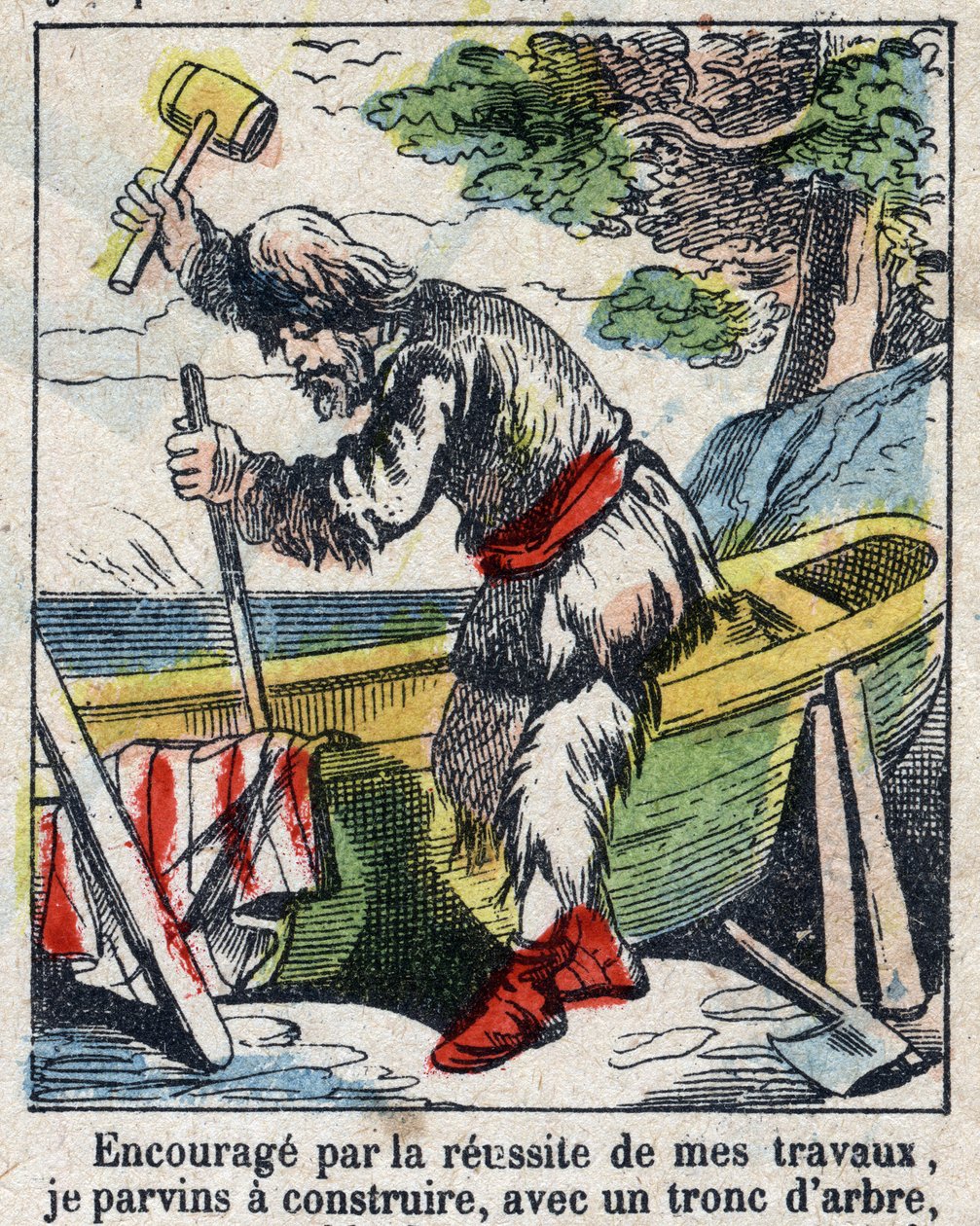 Ilustracja do Księgi Daniela Defoe (De foe) „”Robinson Crusoe””. Obrazowanie epinal z końca XIX wieku. autorstwa French School