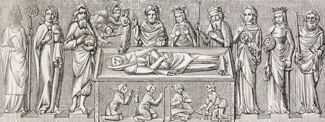 Ilustracja po płaskorzeźbie na grobie Elżbiety Węgierskiej, z książki „Życie wojskowe i religijne w średniowieczu” Paula Lacroix, wydanej w Londynie ok. 1880 r. autorstwa French School