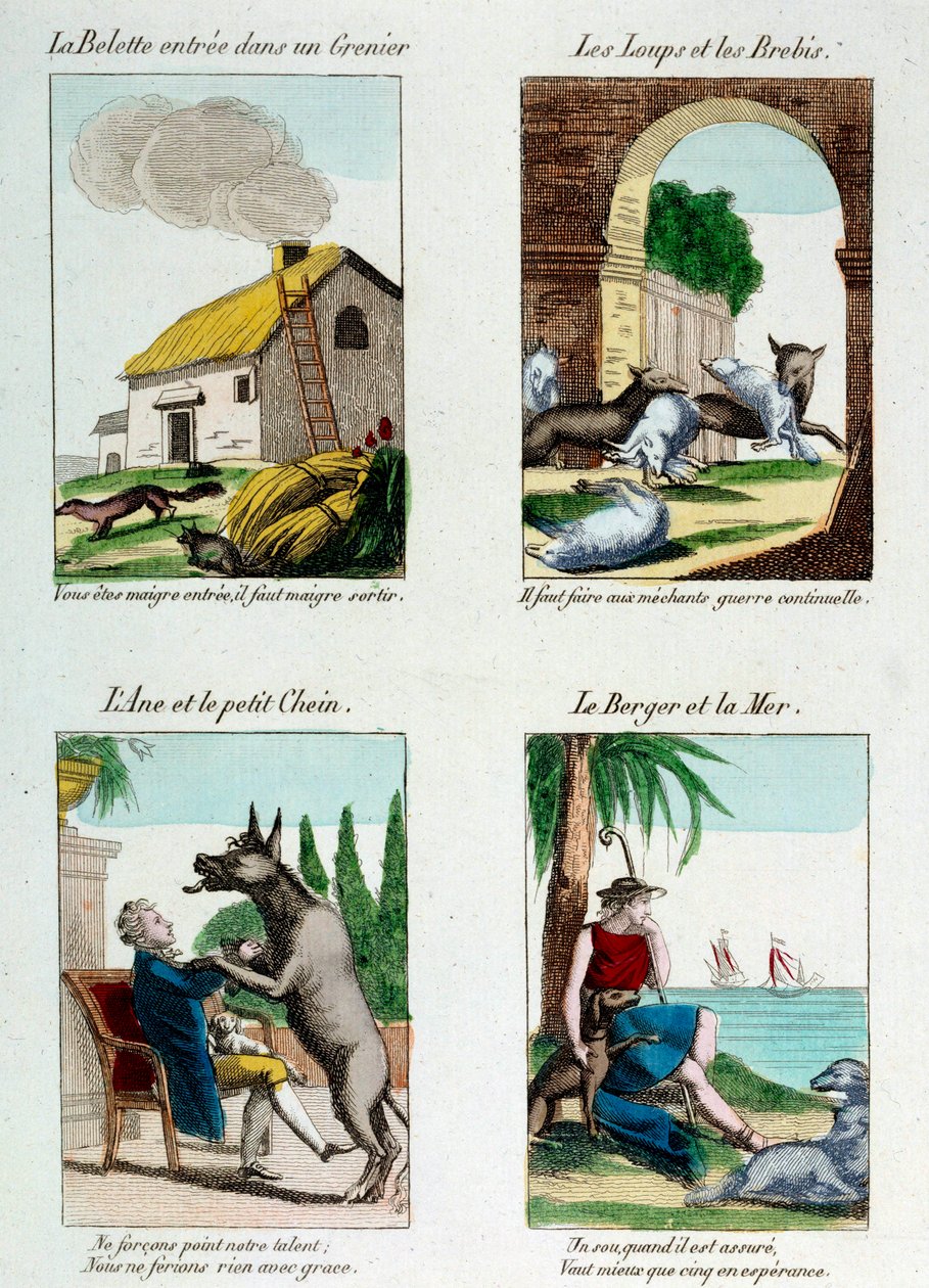 Tablica ilustracyjna do bajek Jeana de La Fontaine (1621-1695): łasica weszła na strych, wilki i owce, osioł i pies, pasterz i morze. Rytownictwo autorstwa French School