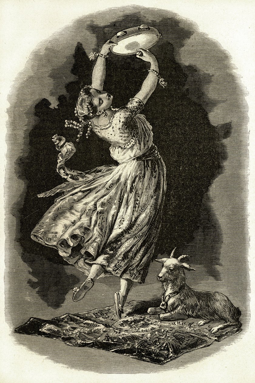Ilustracja do "Notre-Dame de Paris" Victora Hugo: Esmeralda tańczy grając na tamburynie obok swojej kozy, początek XX wieku (lito) autorstwa French School