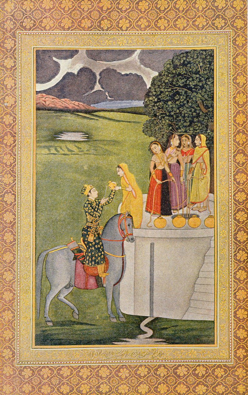 Ilustracja do Prince Nourgilan i Twarz Lily Adolescent, z The Arabian Nights, 1895 (grafika kolorowa) autorstwa French School