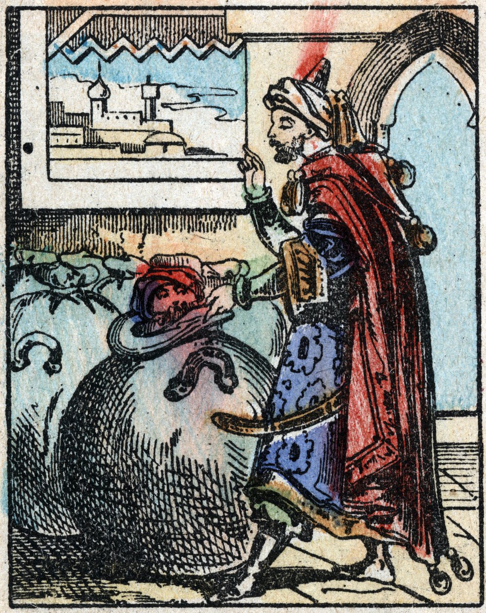 Ilustracja do Opowieści z tysiąca i jednej nocy. Ali-Baba (Ali Baba).Grawerowanie na drewnie firmy Imaging Pellerin - Epinal, sd. Koniec XIX wieku. autorstwa French School