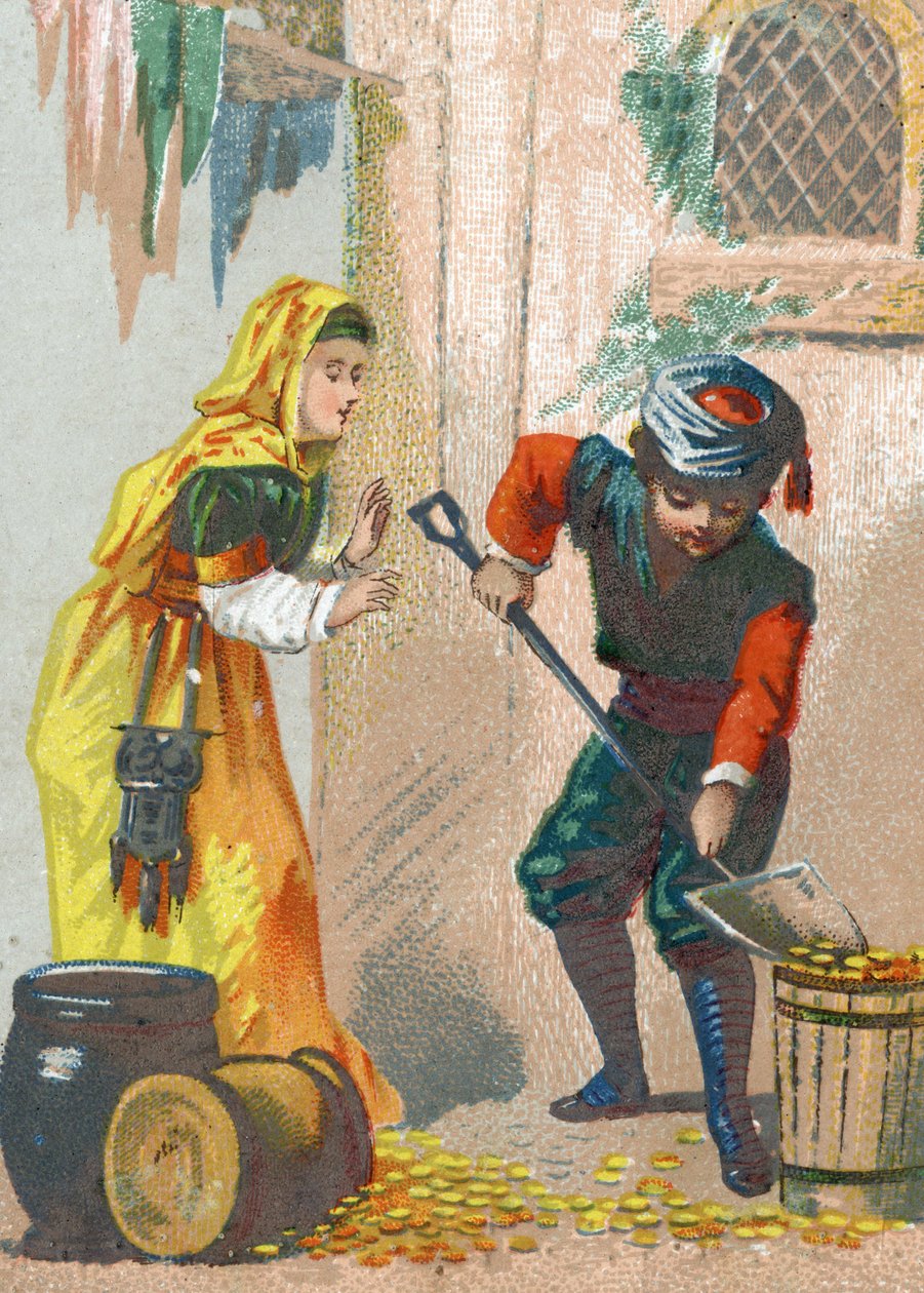 Ilustracja do Opowieści z tysiąca i jednej nocy. Ali-Baba (Ali Baba) ładuje swoje złote osły i wraca do domu, Chromolithography około 1890 roku. autorstwa French School