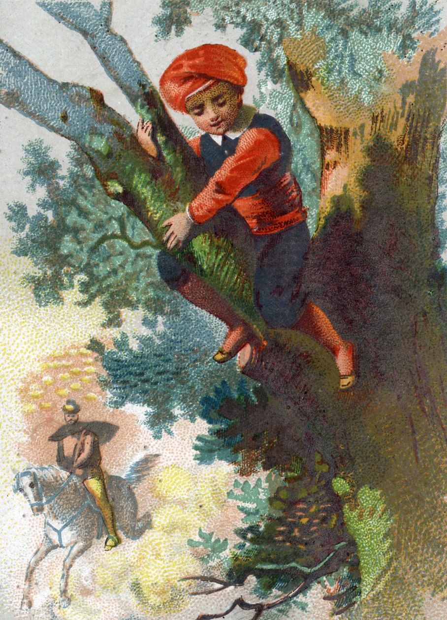 Ilustracja do Opowieści z tysiąca i jednej nocy. Ali-Baba (Ali Baba) widząc oddział złodziei nadchodzących z daleka do lasu chowa się na drzewie. Chromolitografia około 1890 r. autorstwa French School