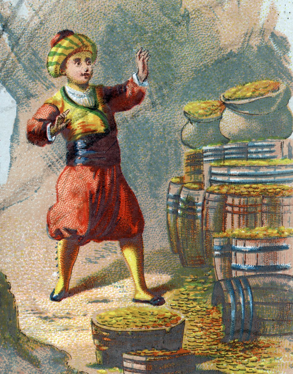 Ilustracja do Opowieści z tysiąca i jednej nocy. Ali Baba (Ali-Baba) wchodzi do skały, mówiąc: Sezam cię otwiera i widzi beczki złota. Chromolitografia około 1890 r. autorstwa French School