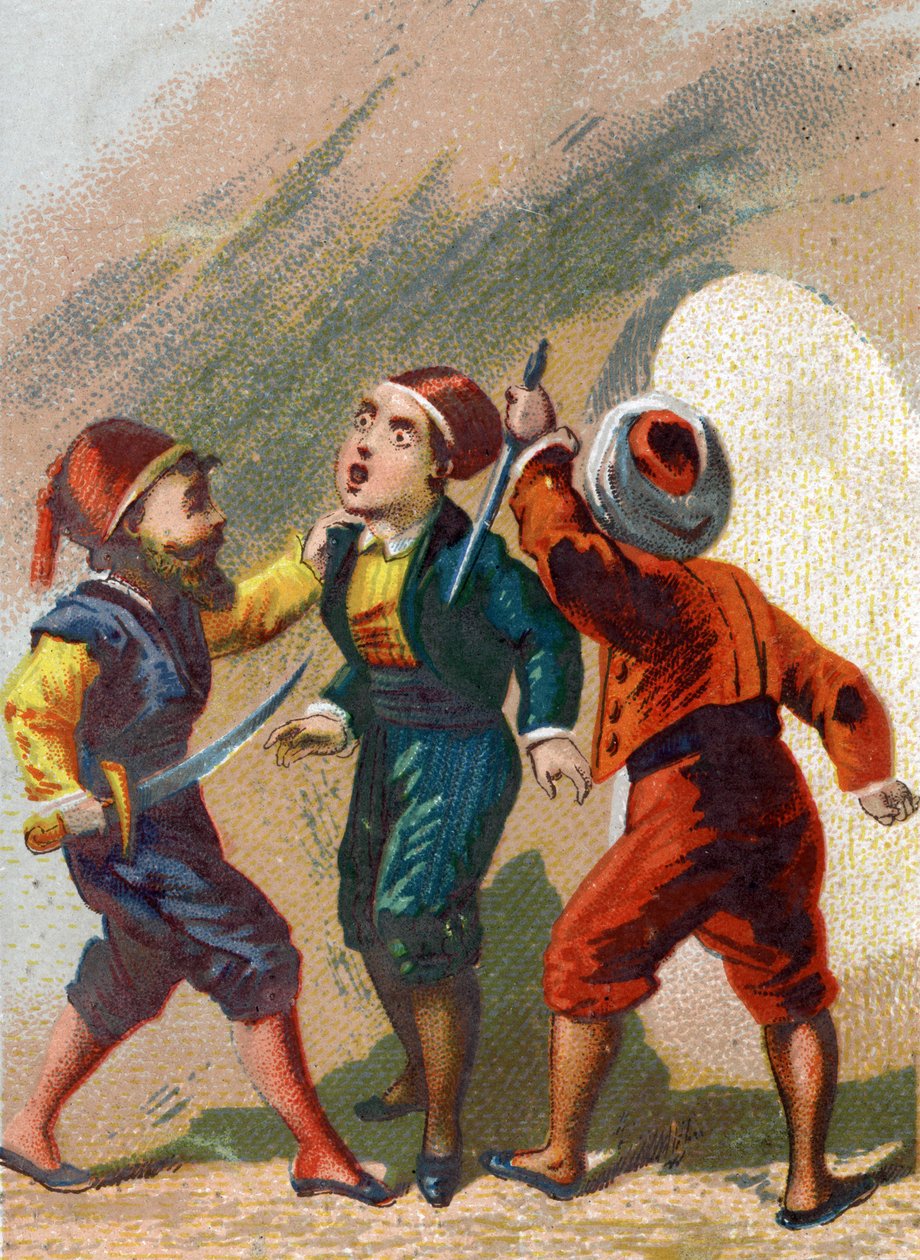 Ilustracja do Opowieści z tysiąca i jednej nocy. Cassim zazdrosny o Ali Babę (Ali Baba) również udaje się do jaskini, ale zapomina słowa wyjść i zostaje zamordowany przez złodziei. Chromolitografia około 1890 r. autorstwa French School
