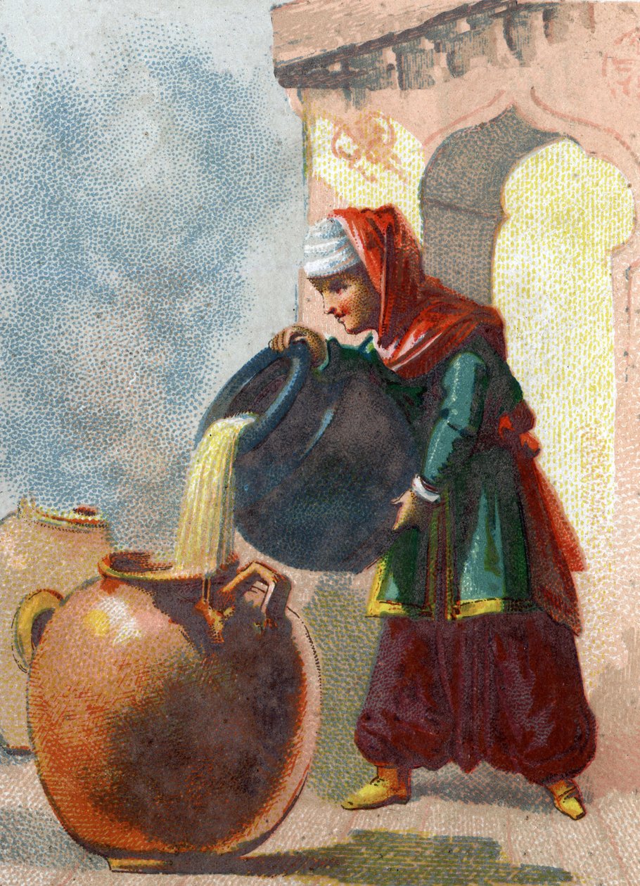 Ilustracja do Opowieści z tysiąca i jednej nocy. Morgiane, niewolnica Ali Baby (Ali Baby), zdając sobie sprawę, że w wazonach są złodzieje, odebrała im życie, wlewając wrzący olej do każdego naczynia. Chromolitografia około 1890 r. autorstwa French School