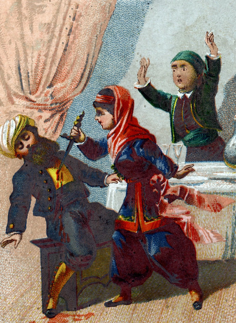Ilustracja do Opowieści z tysiąca i jednej nocy. Kapitan ponownie się przebiera i wraca do Ali Baby (Ali Baby), ale Morgiane rozpoznaje go i dźga go podczas tańca. Chromolitografia około 1890 r. autorstwa French School