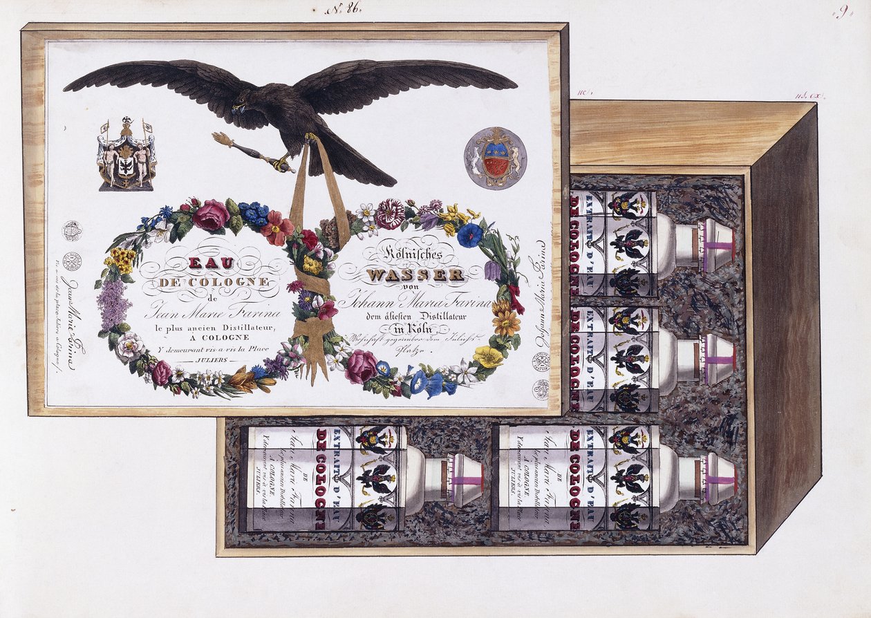 Ilustracja do opakowania wody kolońskiej, ok. 1825 (akwarela i bodycolor) autorstwa French School