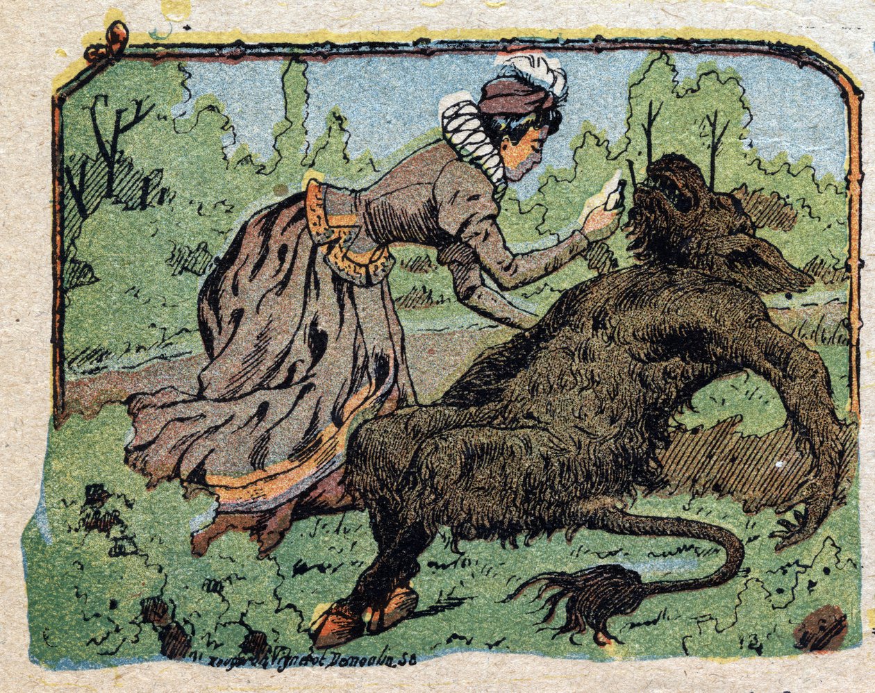 Ilustracja do bajki „Piękna i Bete”: piękna wskrzesiła bete, która zemdlała z bólu, gdy odmówiła oświadczyn. Grawerowanie wizerunków Quinna, około 1890 r. autorstwa French School