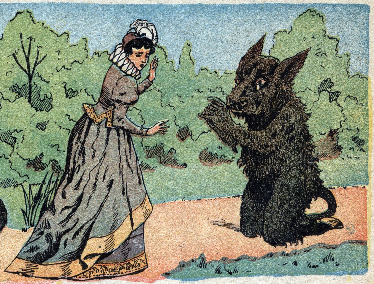 Ilustracja do bajki „Piękna i Bete”: bete pyta piękną, która nagle się przestraszyła. Grawerowanie wizerunków Quinna, około 1890 r. autorstwa French School