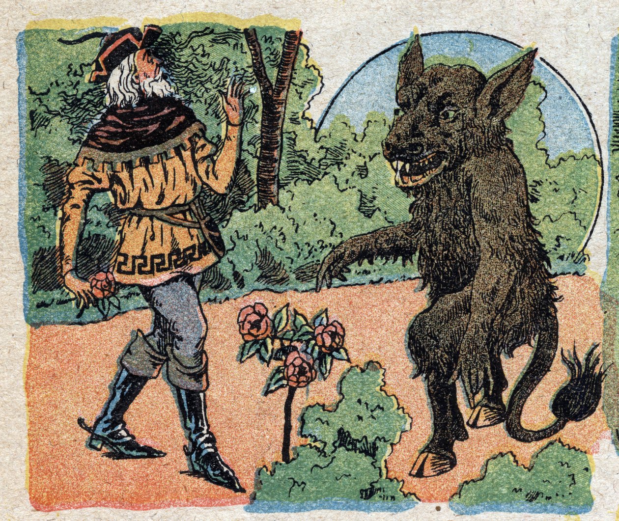 Ilustracja do bajki „Piękna i Bete”: kupiec ścina różę w ogrodzie Bete, aby sprowadzić ją z powrotem swojej córce Belle. Grawerowanie wizerunków Quinna, około 1890 r. autorstwa French School