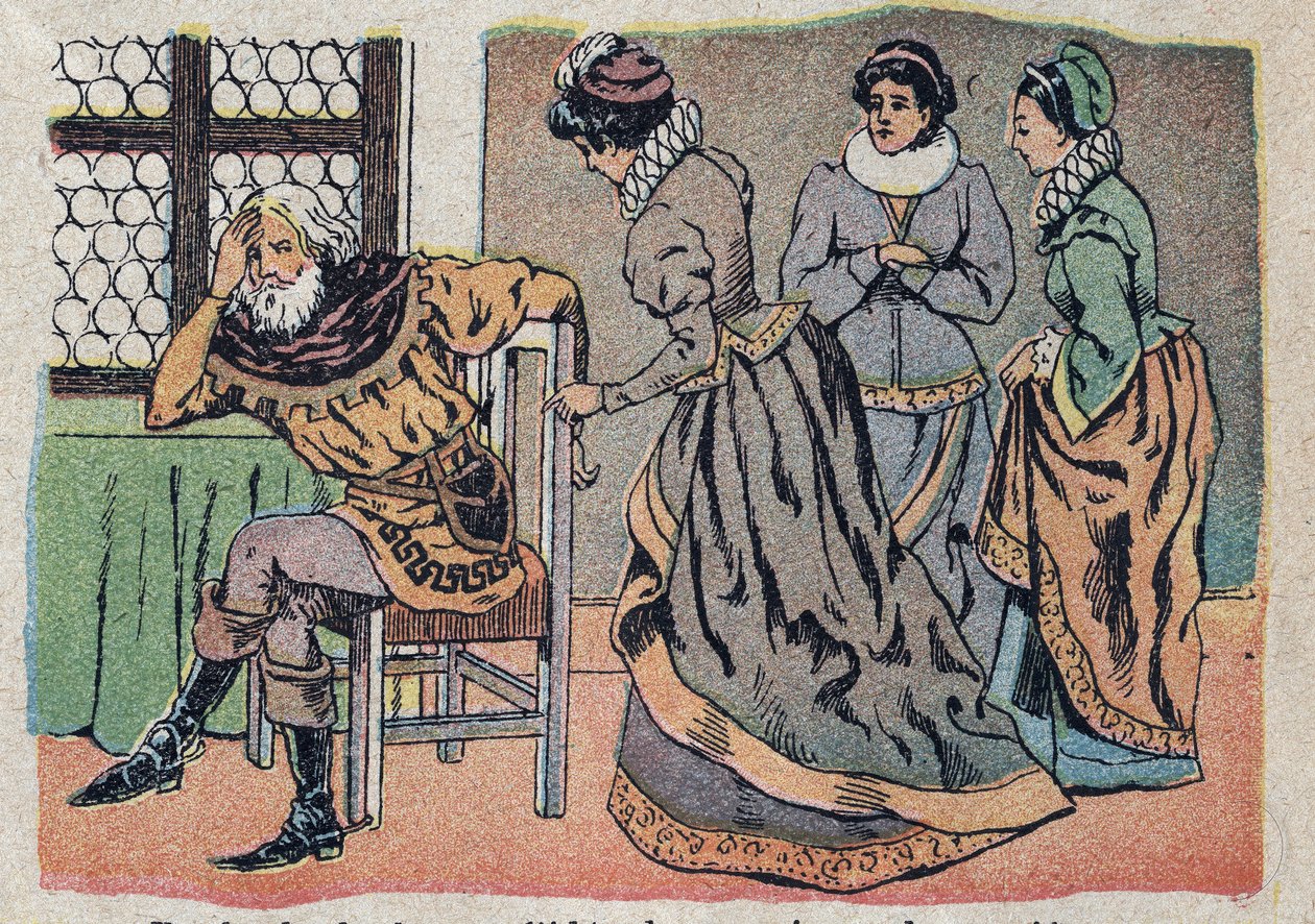 Ilustracja do bajki „Piękna i Bete”: kupiec zagubiony w bólu. Grawerowanie wizerunków Quinna, około 1890 r. autorstwa French School