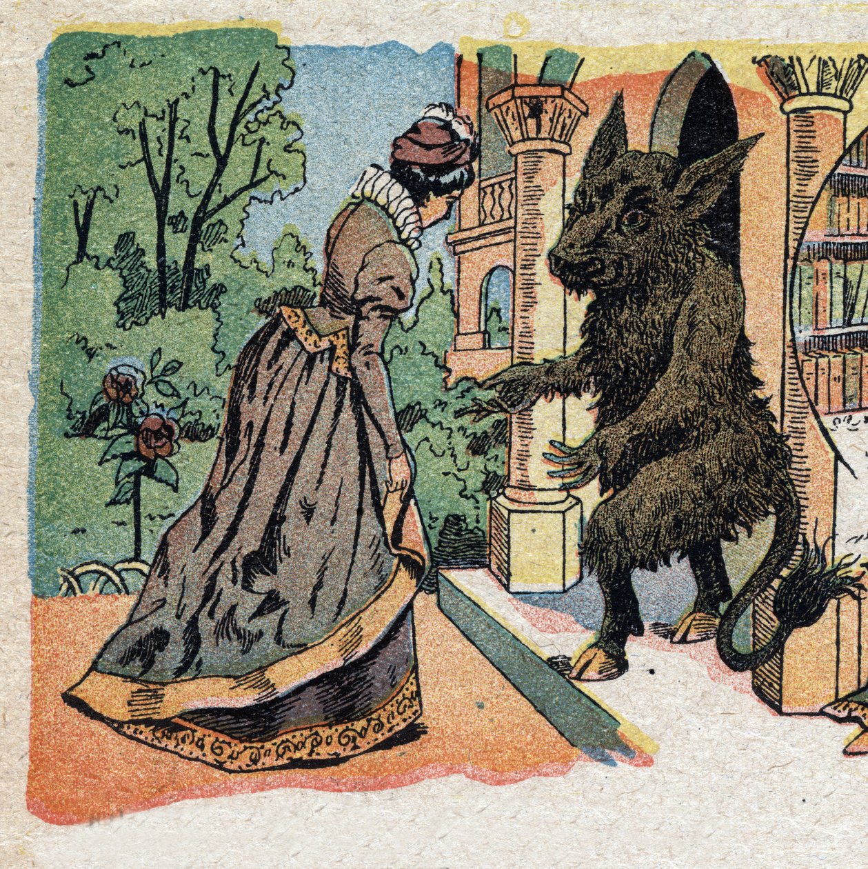 Ilustracja do bajki „La Belle et la Bete”: piękna przybywa do zamku Bete. Grawerowanie wizerunków Quinna, około 1890 r. autorstwa French School