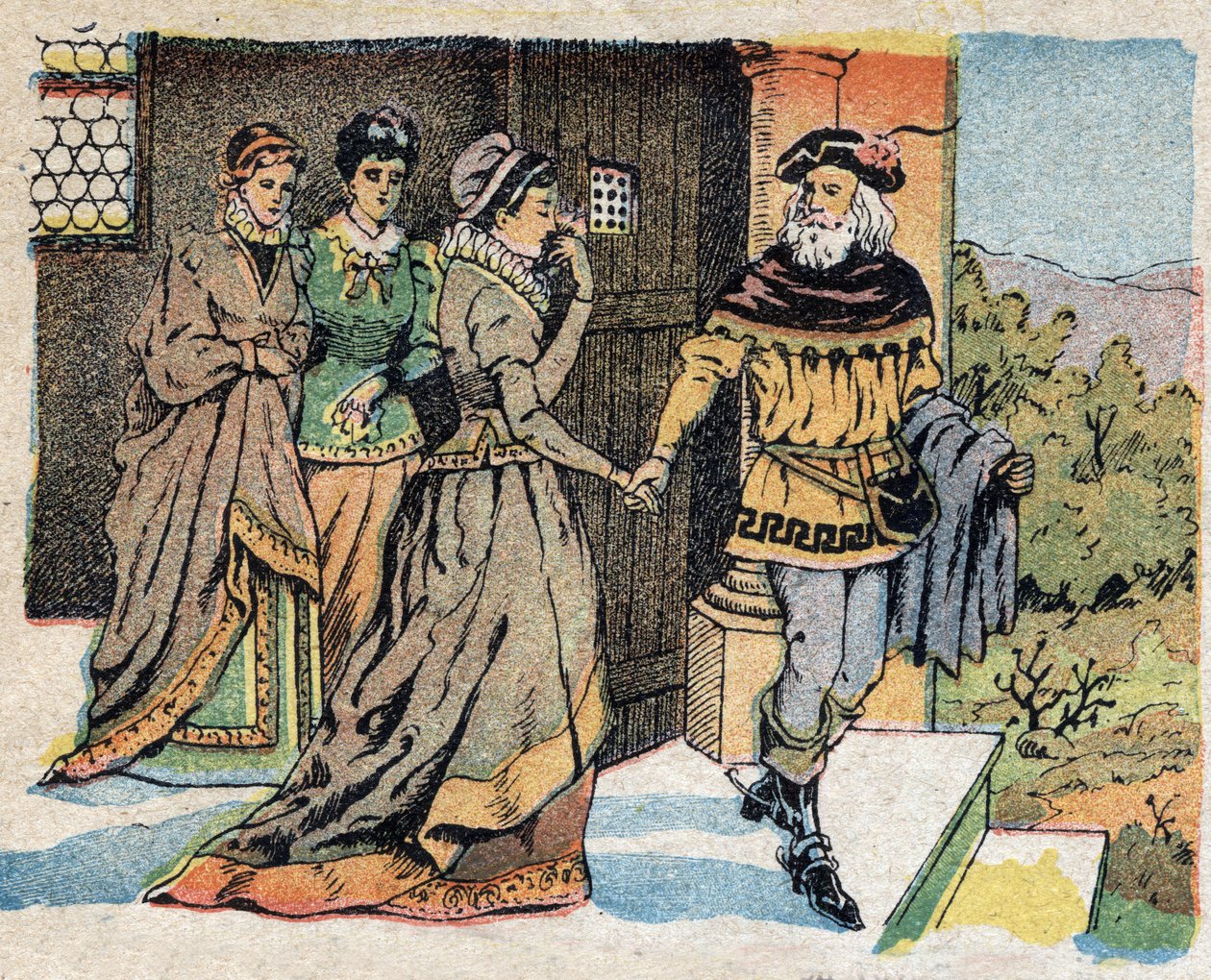 Ilustracja do bajki „La Belle et la Bete”: kupiec wyruszający w podróż pożegnał się z trzema córkami i obiecał im prezent po powrocie. Grawerowanie wizerunków Quinna, około 1890 r. autorstwa French School