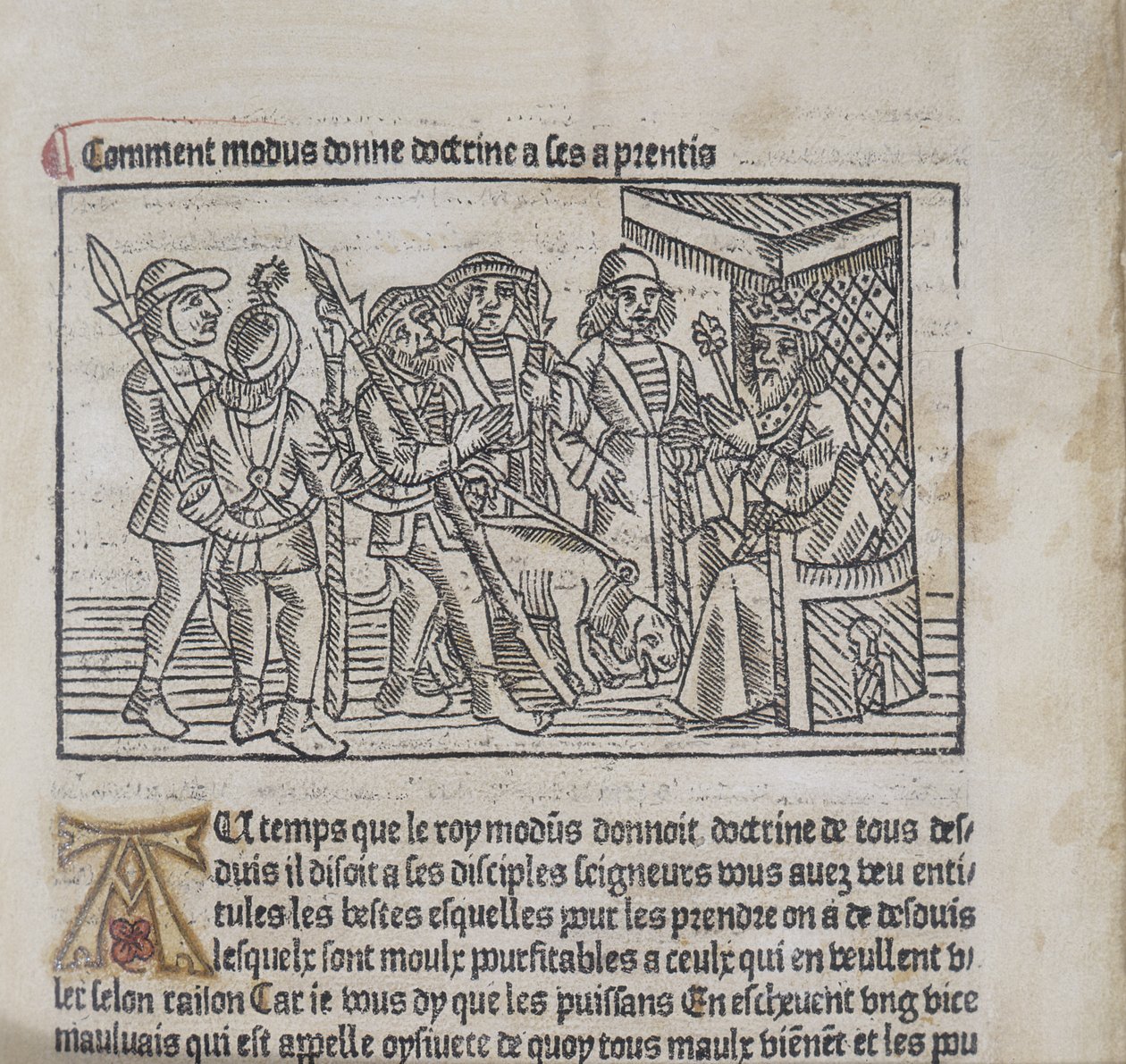Ilustracja z Le Livre du Roy Modus et de la Reine Racio autorstwa Henri Ferrieresa, 1486 (drzeworyt i typografia) autorstwa French School