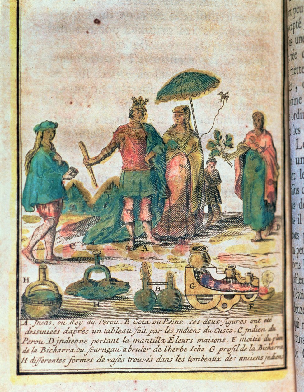 Ilustracja z historii Peru przedstawiająca króla i królową Inków z indyjskimi sługami oraz schemat bicharra autorstwa French School