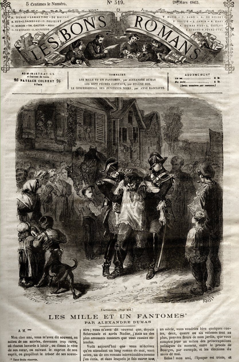 Ilustracja z powieści „Tysiąc Fantomów” Alexandre Dumas pere ukazała się w „The Bons Romans” z 28.03.1865 autorstwa French School