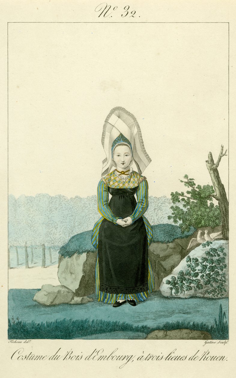 Ilustracja nr. 32, Kostium Lasku Embourg koło Rouen (kolorowy ryt) autorstwa French School