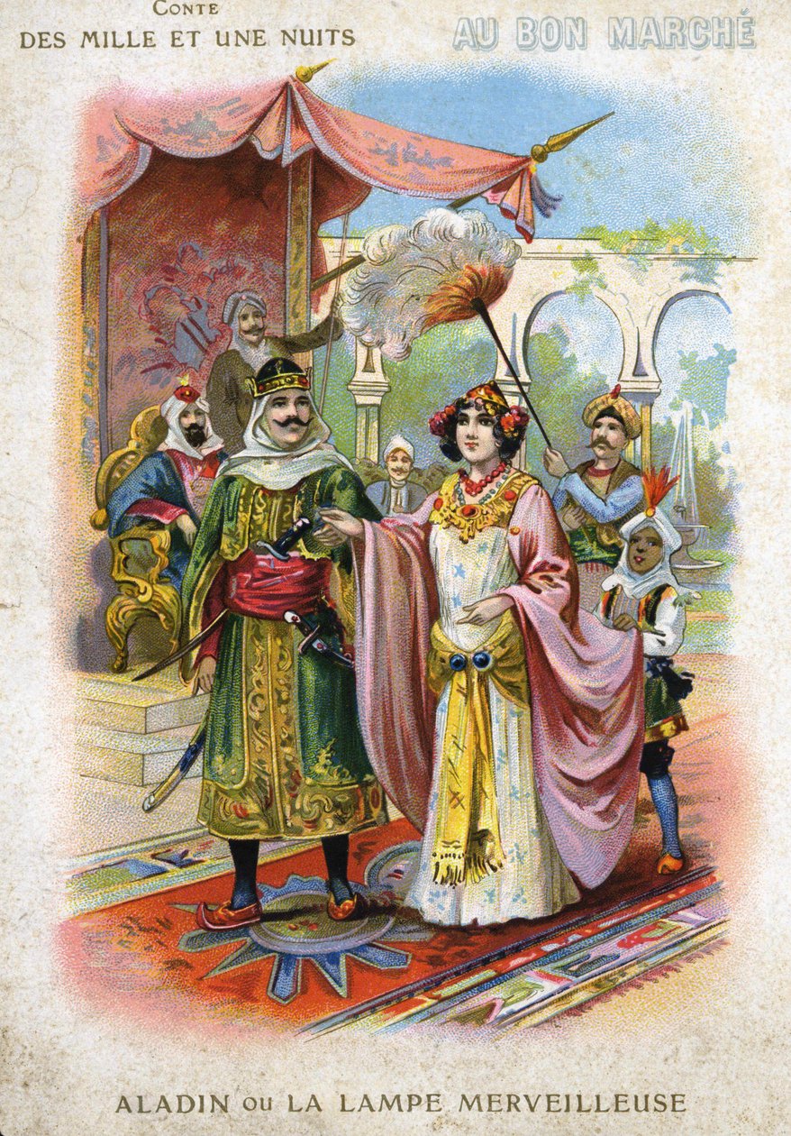 Ilustracja Aladyna lub cudowna lampa z „Bajki z tysiąca i jednej nocy” autorstwa French School