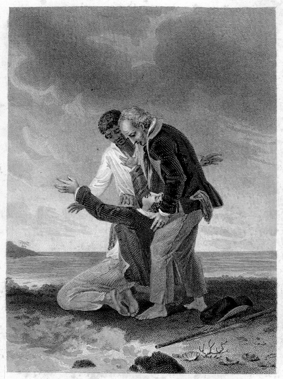Ilustracja przedstawiająca „”Paul i Virginia””: Paul nad morzem. Roman autorstwa Henri Bernardina de Saint Pierre (Saint-Pierre lub St-Pierre), pisarz francuski (1737-1814). autorstwa French School