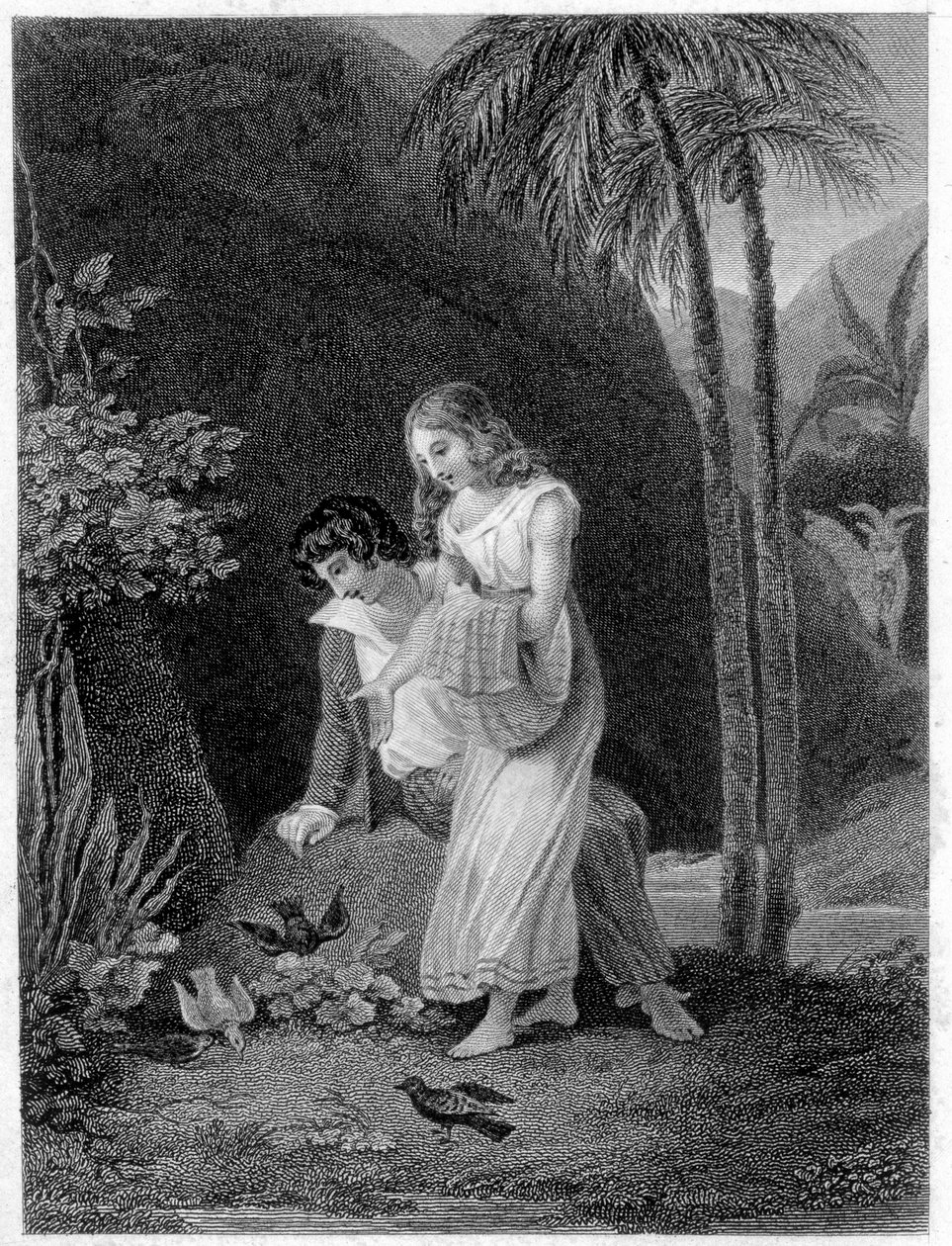 Ilustracja „Paula i Wirginii”. Roman autorstwa Henri Bernardina de Saint Pierre (Saint-Pierre lub St-Pierre), pisarz francuski (1737-1814). autorstwa French School