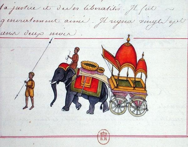 Ilustracja słonia ciągnącego wóz, początek XIX wieku (papier) autorstwa French School